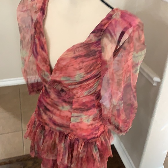 Multicolored pink floral graphic runched tulle bodycon mini dress - Picture 9 of 17